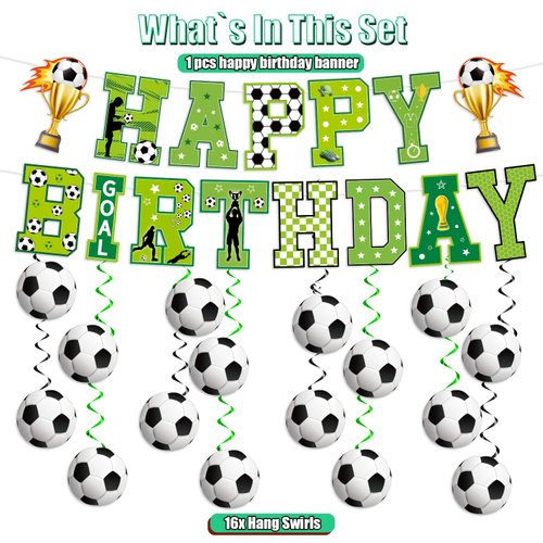 KORHONEN Soccer Party Decorations, Soccer Birthday Party Decorations Includes Happy Birthday Banner and Soccer Hanging Swirl for Kids Boy, Soccer Theme Party Decorations Supplies