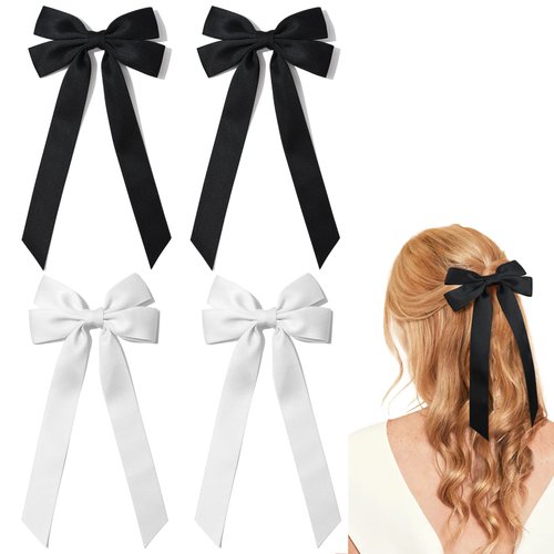 4PCS Silky Satin Hair Bows Hair Clip Black White Hair Ribbon Clips for Women Ponytail Holder Hair Accessories Alligator Clips Bow for Women Girls Toddlers Teens Kids