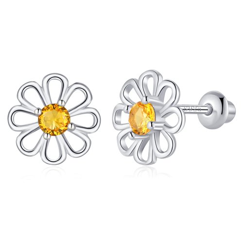 Daisy Flower Stud Earrings for Girls and Women - Sterling Silver Hypoallergenic Zirconia Earrings with Secure Screw Backs