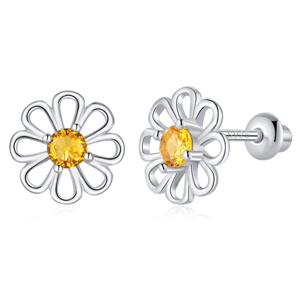 Daisy Flower Stud Earrings for Girls and Women - Sterling Silver Hypoallergenic Zirconia Earrings with Secure Screw Backs