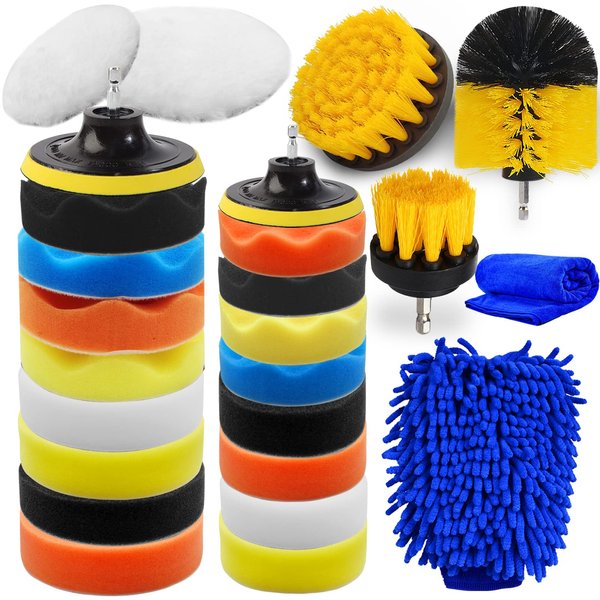 Jaronx 27PCS Car Polishing Pad Kit, 10pcs 4" and 10pcs 3" Car Foam Buffing Pads, Car Polisher Kit Car Drill Polishing Kit with Car Detailing Drill Brushes, Car Washing Mitt, Car Cleaning Towel