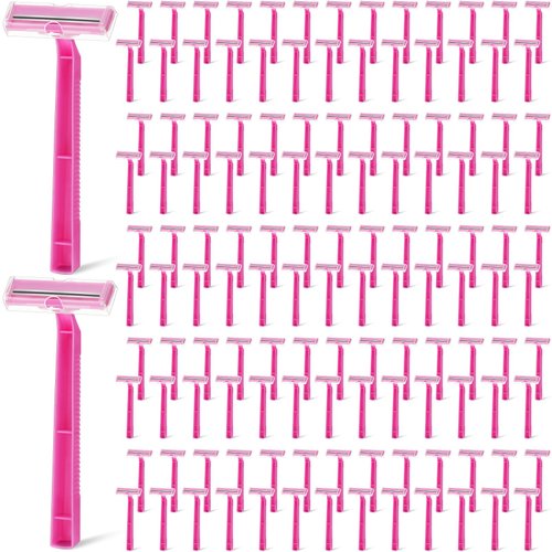 Women's Disposable Razors, Pink Razor Blades Bulk Pink Twin Blade Disposable Stainless Steel Hospitality Quality Shavers Multipurpose Portable Shave Razor Manual for Bathing Hotel Travel (100)