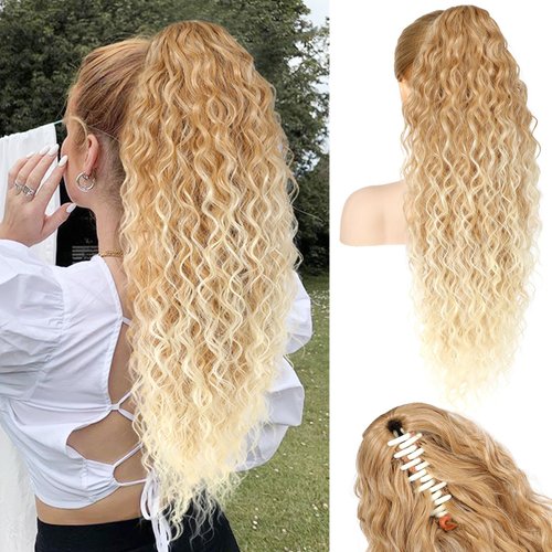SEIKEA Ponytail Extension, 26" Claw Clip Ponytail Extension Long Lightweight Fluffy Curly Clip on Ponytails for Women Multi Layered Fake Pony tails Hair Extensions Dark Blonde to Light Blonde