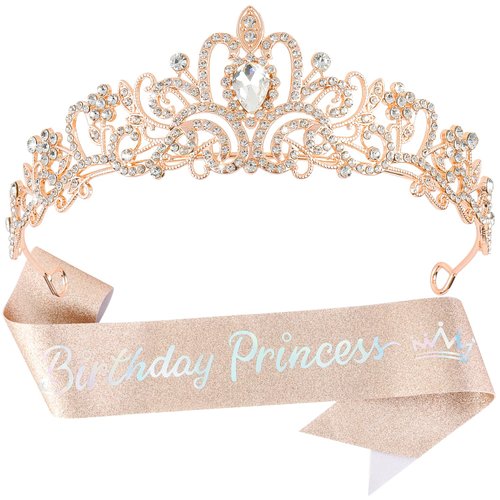 SuPoo Rose Gold Birthday Princess Birthday Sash and Crown Set Birthday Girl Crown Rhinestone Tiara for Women Crystal Headband Happy Princess Birthday Party Decorations Headpieces Hair Accessories