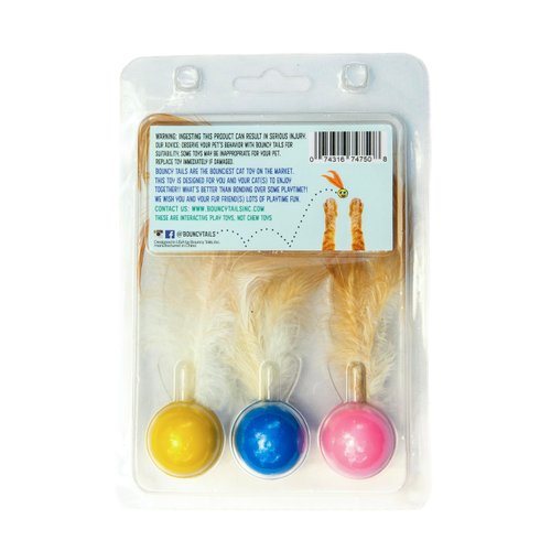 Bouncy Tails 3 Pack Interactive Bouncy Ball with Natural Feathers for Indoor Cats and Kittens who Love to Play and Have Fun.