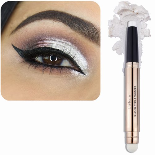 Liyloihi Eyeshadow Stick, Cream Eye Shadow Pencil Crayon Brightener Makeup with Soft Smudger, Waterproof & Long Lasting Eye Highlighter Makeup (01 Pearl White Shimmer)