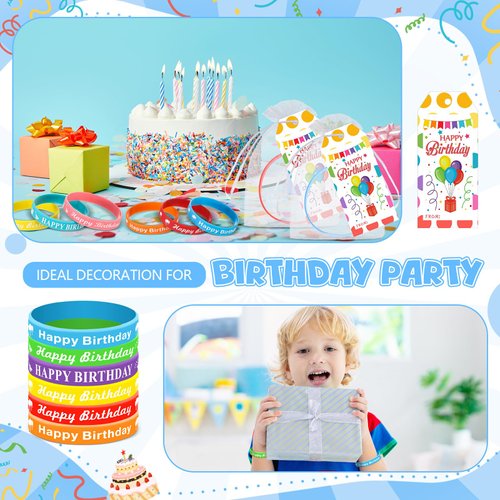 Landical 24 Set Christmas Birthday Classroom Gifts, Happy Birthday Silicone Wristband Gift Set with Gift Tags Organza Bags for Birthday Party Favors Prizes Gift Bag Fillers(Light)