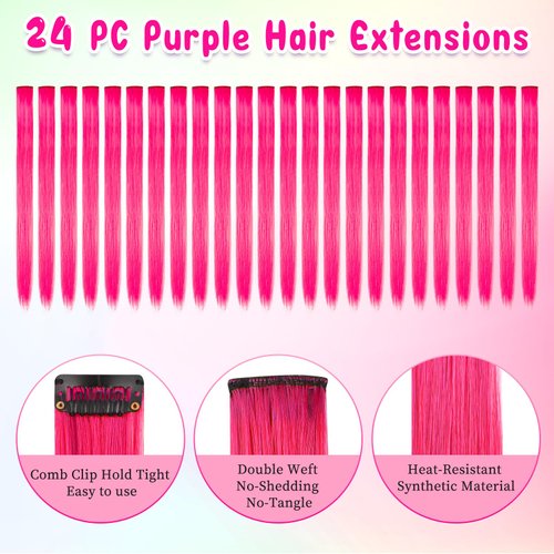 Kyerivs Colored Clip in Hair Extensions for Girls 24PCS 20Inch Rainbow Straight Synthetic Hairpieces Stocking Stuffers for Girls Party Highlights Colorful Hair Accessories Halloween Gifts for Women