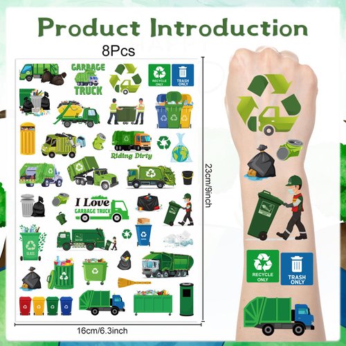Lovarywow Garbage Truck Temporary Tattoos - 200+ Garbage Trash Truck Birthday Decorations Recycling Garbage Truck Party Favors Waste Management Tattoos Stickers Gifts for Kids Party Supplies Prizes