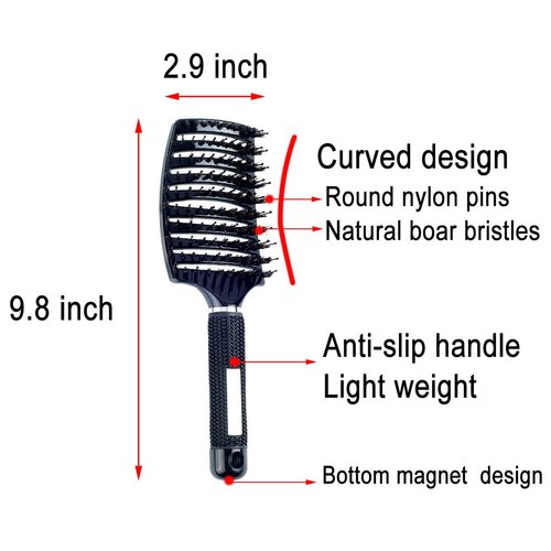 PERFEHAIR Natural Boar Bristle Hair Brush - Curved Vented Detangling Blow Dry Brush for Women Long, Thick, Thin, Curly Hair