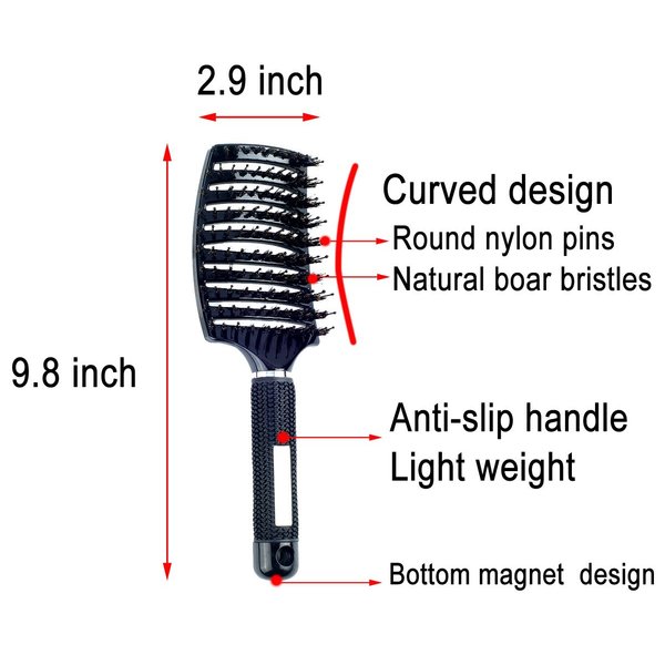 PERFEHAIR Natural Boar Bristle Hair Brush - Curved Vented Detangling Blow Dry Brush for Women Long, Thick, Thin, Curly Hair