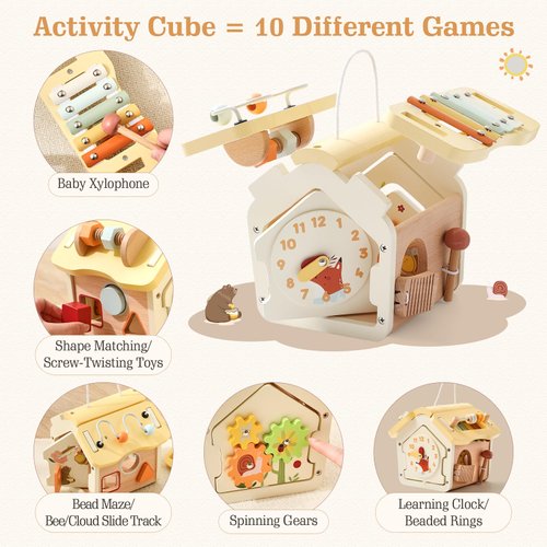 let's make Wooden Activity Cube 10-in-1 Montessori Toys Multi-Functional House Educational Toys Sensory Learning Activity Cube for Toddlers Babies 1st Birthday Gift
