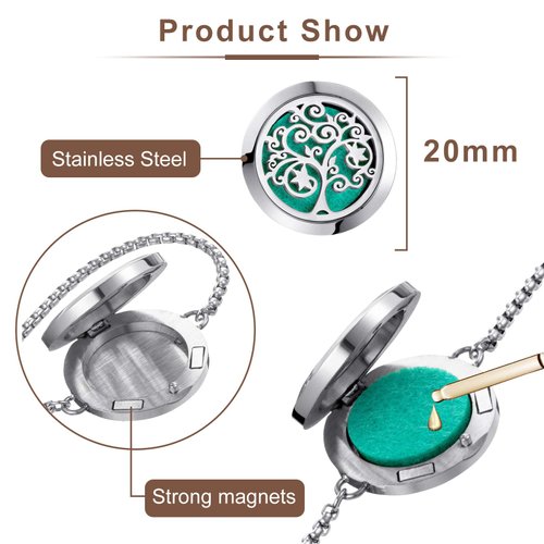 ttstar Essential Oil Diffuser Bracelet Stainless Steel Aromatherapy Locket Adjustable Diffuser Bracelet with 24pcs Refill Pads in 12 Colors Gift Set for Women Girls Mother's Day Christma(Tree of Hope)