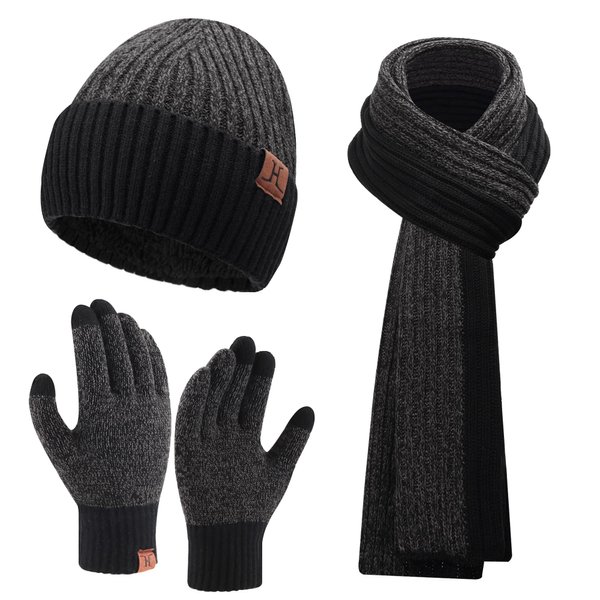 Mens & Womens Winter Knit Hat Beanie Long Neck Scarf Touchscreen Gloves Set Skull Cap with Fleece Lined Gifts for Men Women