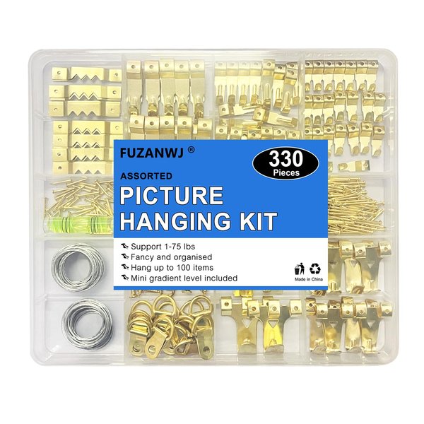 FUZANWJ 330pcs Picture Hangers, Picture Hanging Kit, Picture Hanging Hooks Holds 10-75lbs,with Hanging Wire, Ring Hooks, D Rings, Sawtooth Hangers for Picture Frame, Canvas, Mirror Hanging Decoration