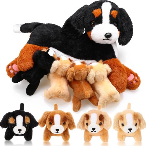 HyDren Nurturing Dog Stuffed Animal Sets Soft Cuddly Golden Retriever Plush Toys Nursing Mommy Dog with 4 Stuffed Baby Puppies for Kids Birthday Christmas Party Favor Gifts (Golden Retriever)