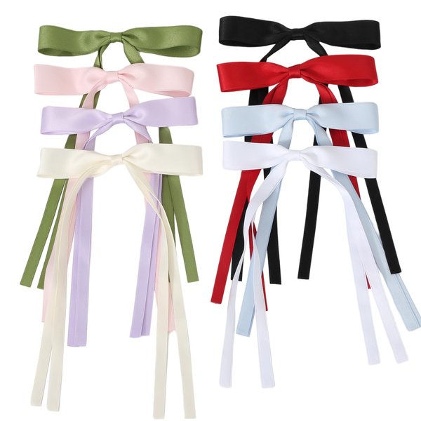 FAELBATY Hair Bows for Women, Tassel Hair Ribbon with Metal Claw Clips and Bowknots, Long Tail Bow for Girls Satin Hair Bows French Hair Bow Accessories for Teens Kids (8Pcs)