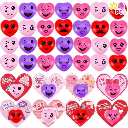MGparty Valentines Day Gifts for Kids, 32 Pack Heart Stress Balls with Valentine Cards Heart Squi...