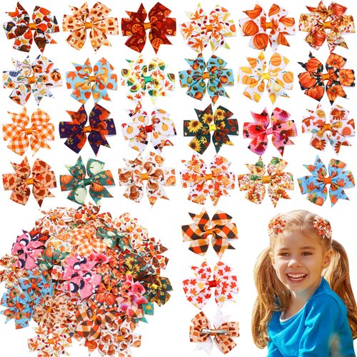 Ceenna 60 Pieces Fall Thanksgiving Hair Bows Clips Pumpkin Turkey Alligator Bow Hair Accessories Fall Maple Leaf Sunflower Boutique Hair Clip Colorful Fall Bowknot Hairpins Barrette for Girl
