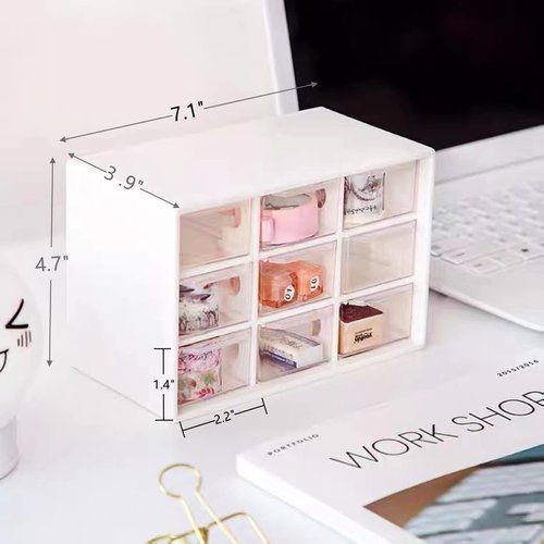 Feadily 2PCS Small Drawer Organizer for Desk, Desktop Drawer Organizer with 9 Clear Drawers, Plastic Desktop Storage Drawers 7.1" x 3 .9" x 4.7", White