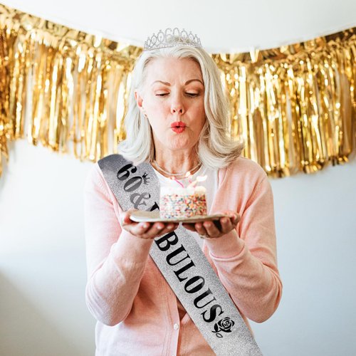 Casoty 60th Birthday Sash and Tiara for Women, 60th Birthday Decorations Women, Silver 60th Crown and "60 & Fabulous" Sash Set, 60 Birthday Sash, 60th Birthday Gifts for Women