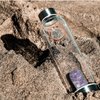 TonicCure Gem Infused Crystal Water Bottle Elixir with Authentic Healing Wellness Brazilian Stones Amethyst Neoprene Sleeve, for Love Peace and clarity 16 oz (Amethyst)