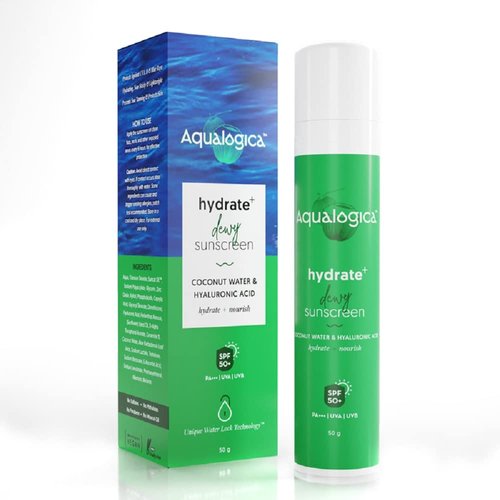 Aqualogica Hydrate+ Dewy Face Sunscreen with SPF 50+ & PA+++ | Coconut Water & Hyaluronic Acid Infused Hydrating Lotion | 1.76 Oz/50g