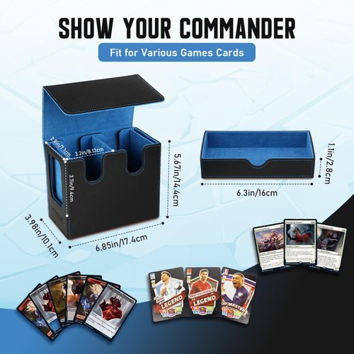 TiMOVO MTG Deck Box, MTG Commander Card Deck Box with Commander Display & Dice Tray Fits 400+ Unsleeved Cards, Leather Magnetic Card Storage Case with 6 Dividers for TCG CCG Magic Cards, Black+Blue