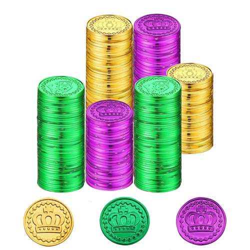 LEKEJIA 150pcs Mardi Gras Plastic Coins Gold Green Purple Gold Coins Mardi Gras Decorations Party Supplies for Parade Party Favors (Crown)