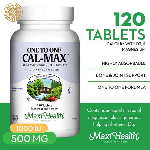 Maxi Health 500 mg Calcium Supplement with Vitamin D3 (1000 IU) and Magnesium (500 mg) - Bone, Teeth and Joint Support for Men and Women - 120 Tablets - One to One Cal-Max