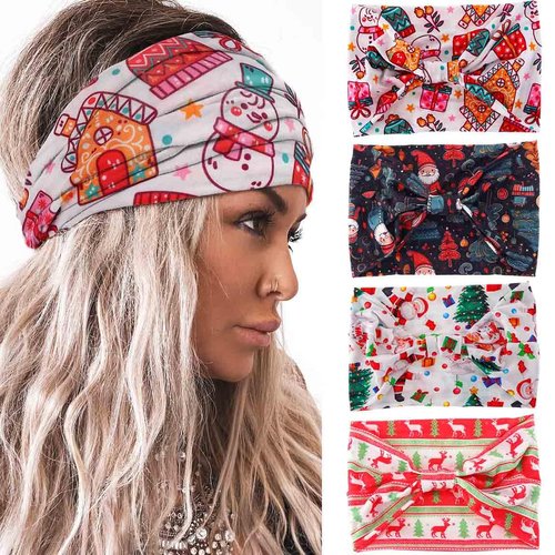 Acenail Wide Headbands Non Slip Knotted Turban Headband Elastic Santa Claus Xmas Hairbands Deer Red Workout Head Wraps Yoga Hair Scarfs Christmas Hair Accessories for Women 4Pcs (Xmas D, 9.8 * 5.9'')
