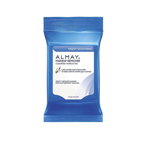 Almay Night Soothing Makeup Remover Cleansing Towelettes, Hypoallergenic, Cruelty Free, Oil Free, Fragrance Free, Ophthalmologist & Dermatologist Tested, 25 Wipes