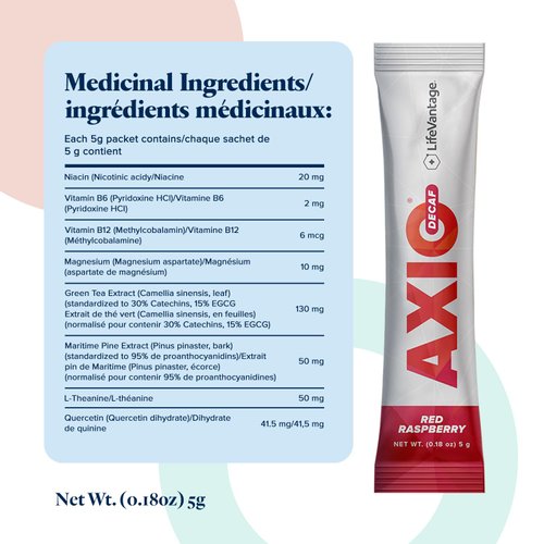 AXIO Regular Energy Drink Powder, Red Raspberry, 30 Packets, Instant Energy Powder, Energy Supplement in a Drink Mix, w/B Vitamins, DMAE, L-Theanine, Quercetin, Green Tea & Pine Bark Extract