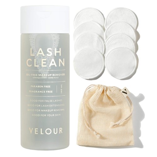 Velour Lash Clean and Reusable Cotton Round Bundle - Oil Free Liquid Makeup Remover for Eyes, False Lashes, and Face, 140ml & Reusable 8ct Cotton Rounds