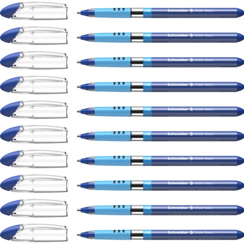 Schneider Slider Basic XB (Extra Broad) Ballpoint Pen, 1.4 mm, Transparent Barrel, Blue Ink, Box of 10 Pens (151203)