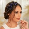 Formery Blue Flowers Crystal Headband Crystals Beads Floral Hairband Prom Party Wedding Handmade Copper Wire Beaded Flower Headpiece for Women and Girls