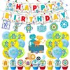50Pcs Robot Party Supplies Set-Including Happy Birthday Banner,Cake Topper and Cupcake Toppers,Spiral Ornaments,Latex balloons for kid s Boys Robot Theme Party Decoration