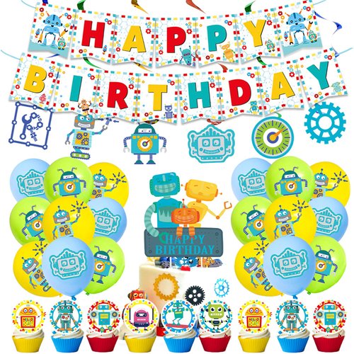 50Pcs Robot Party Supplies Set-Including Happy Birthday Banner,Cake Topper and Cupcake Toppers,Spiral Ornaments,Latex balloons for kid s Boys Robot Theme Party Decoration