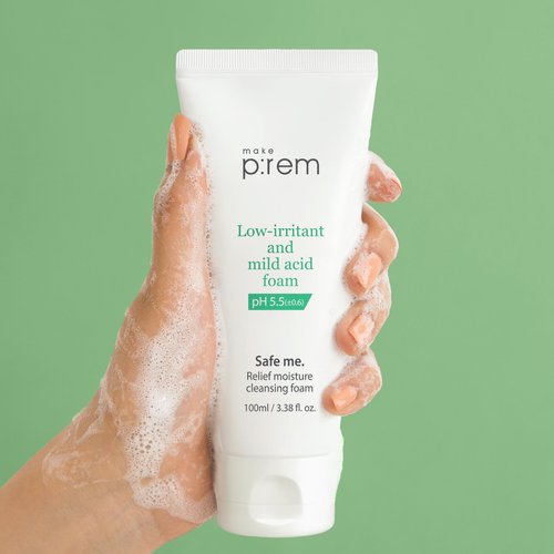 MAKE P:REM Safe Me. Relief Moisture Cleansing Foam, Delicate Eye-Friendly Face Wash, pH Balanced Deep Pore Cleansing, Korean Skin Care, 100ml, 3.38 Fl.Oz.