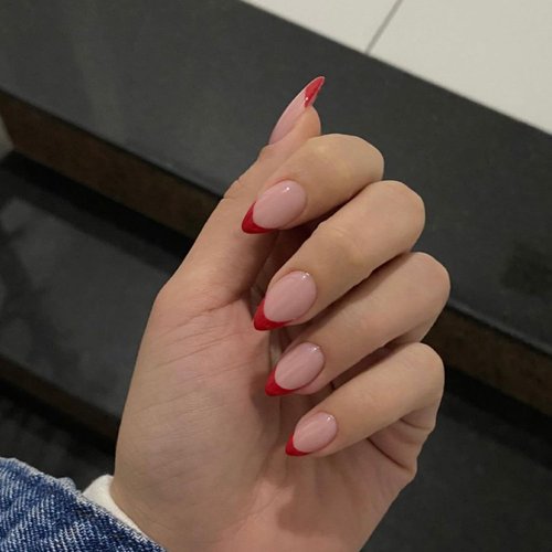 30 PCS Red French Tip Press on Nails Almond Short,SXVME Fake Nails Glue on Nails Medium Short,Gel Nails Static Nails Short,Acrylic Nails Press ons Medium,Short False Nails Stick on Nails for Women