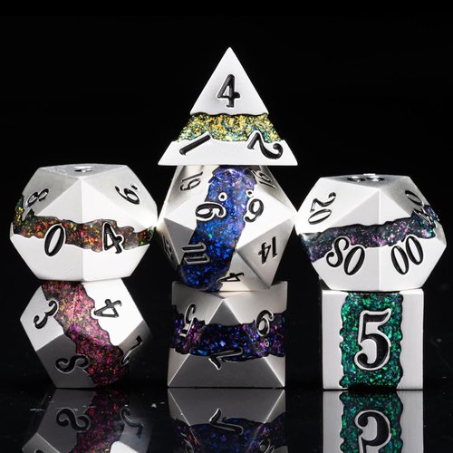 Maywin Polyhedral Metal Dice Set,7pcs Set Glitter Stripe DND Dice with Gift Box for RPG