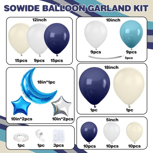 Outer Space Balloon Arch Kit, Navy Blue And White Grey Sea Blue Moon Star Foil Balloon for Boy Kids Space Birthday Astronaut UFO Theme Graduation Party Over The Moon Baby Shower Decorations