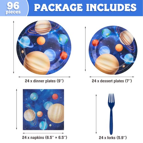DECORLIFE Space Themed Party Supplies Serve 24, Outer Space Party Decorations for Boys, Planet Plates Napkins Forks for Space Solar System Birthday, Total 96 PCS