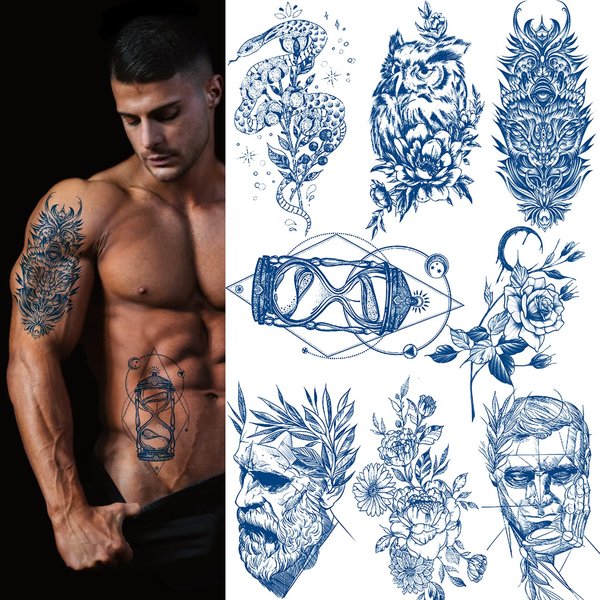 Aresvns Semi Permanent Tattoos for Men Teen Boys,Waterproof and Long-Lasting 1-2 Weeks Tattoos, Realistic Fake Tattoos Stickers That Look Real Blue