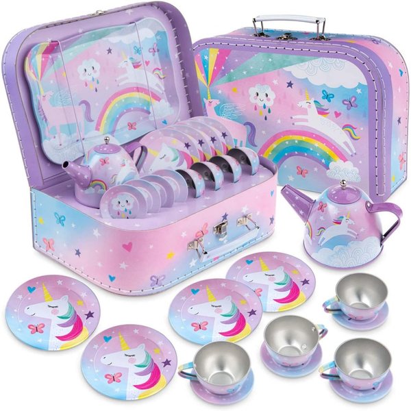 Jewelkeeper Tea Party Set - 15-Piece Toddler Tea Set with Unicorn Design for Kids - Includes Teapot, Cups, Saucers, Plates and Carrying Case for Imaginative Play and Storage