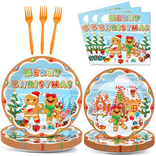 96 Pcs Gingerbread Party Supplies Paper Plates Napkins Christmas Gingerbread Party Birthday Decorations Favors for Christmas Family Gathering Winter Holiday Birthday Party Supplies Serves 24