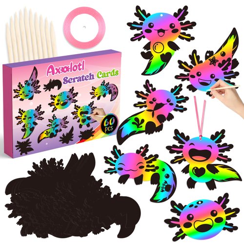 B1ykin 60Pcs Axolotl Scratch Card Gifts Ornaments Set, DIY Magic Axolotl Scratch Cards Craft Kit for Kids, Black Hanging Tags Party Favors for Birthday School Classroom Art Activity