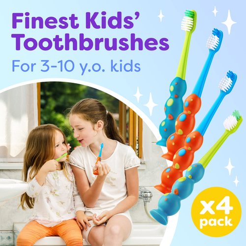 Trueocity Kids Toothbrush 4 Pack - Soft Contoured Bristles - Child Sized Brush Heads (3-10 Year Old) - Suction Cup for Fun & Easy Storage - Girl & Boy Set (Blue & Orange)