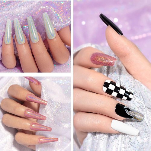 RARJSM Holographic Nail Polish Set, Black White Silver Rose Gold Gel Nail Polish, Holo Glitter Gel Polish, 4PCS 7.5ML Gel Nail UV LED Manicure Art Varnish Set