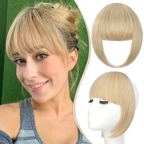 Bangs Hair Clip in Bangs Fake Hair Bangs Synthetic Fringe with Temples Hairpieces for Women Clip on Flat Neat Bangs Hair Extension for Daily Wear Light Blonde Mix Ash Blonde